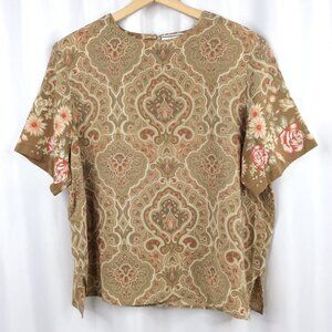 August Max 100% Silk Top Women's Plus Size 1X Floral Damask Short Sleeve Beige